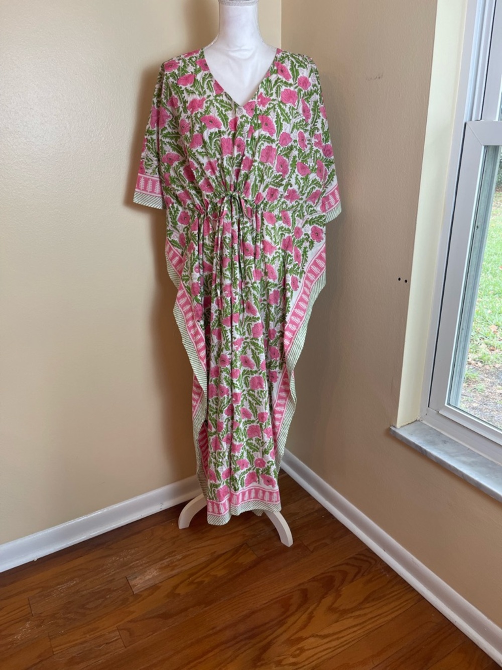 Boho Floral Caftan Maxi Dress Cotton Kaftan Resort Vacation Folk Print Artsy OS - Picture 2 of 14